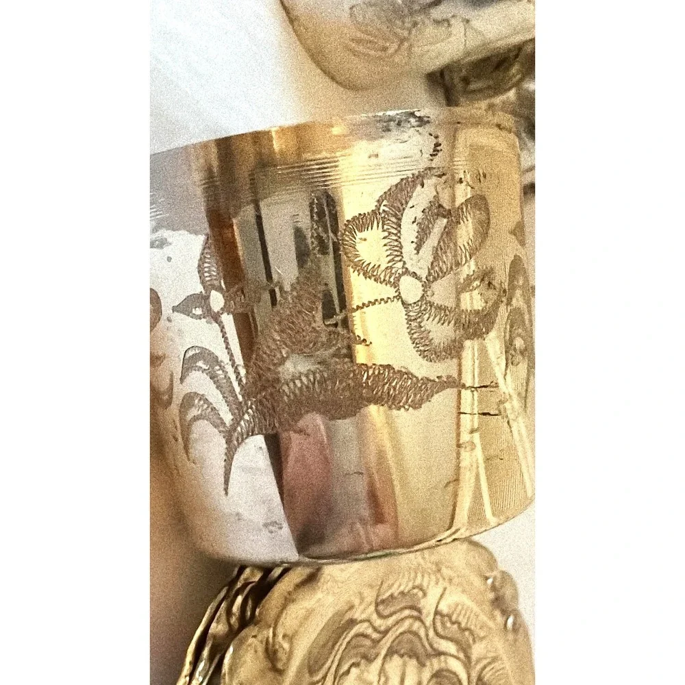Vintage Tea Glass Holder and Saucer Set of 4 Silver Tone Etched Floral Ornate